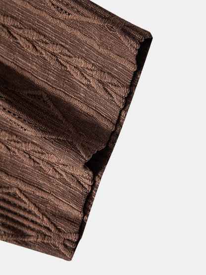 Geometric Jacquard Eyelet Cuban Shirt & Crinkle Textured Straight Leg Pants