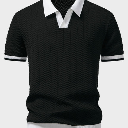 Texture Contrast Knitted V Neck Polo Shirt & Straight Leg Ribbed Pants
