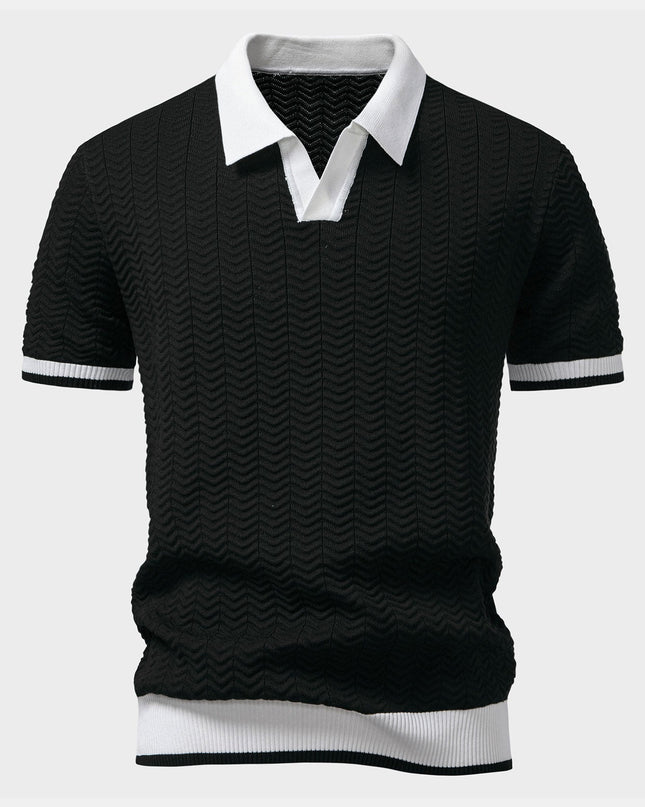Texture Contrast Knitted V Neck Polo Shirt & Straight Leg Ribbed Pants