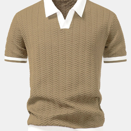 Texture Contrast Knitted V Neck Polo Shirt & Straight Leg Ribbed Pants