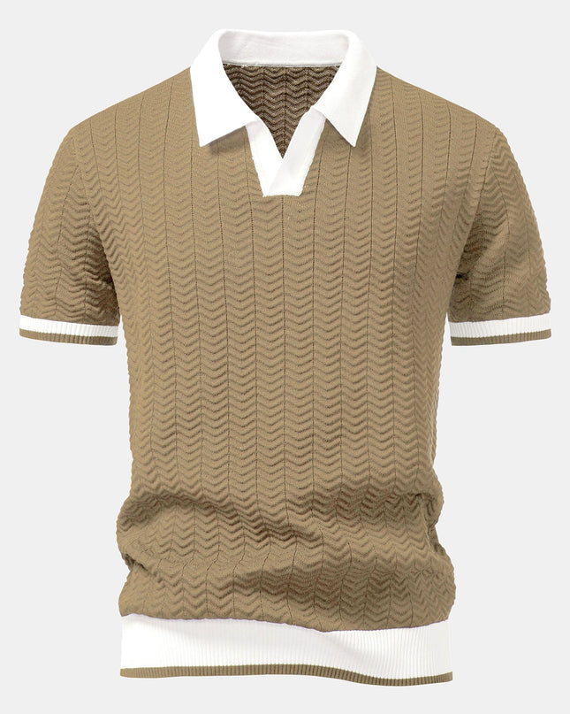 Texture Contrast Knitted V Neck Polo Shirt & Straight Leg Ribbed Pants