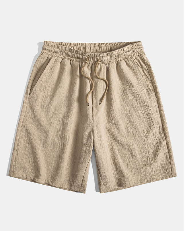 Geometric Striped Jacquard Button Up Shirt & Crinkled Textured Drawstring Shorts