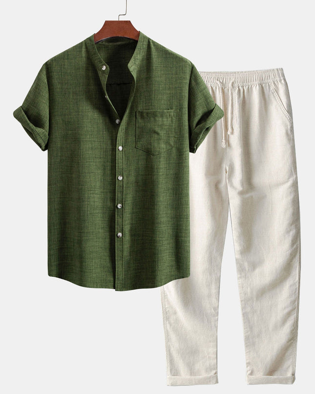 Short Sleeve Stand Collar Shirt & Straight Leg Linen Pants