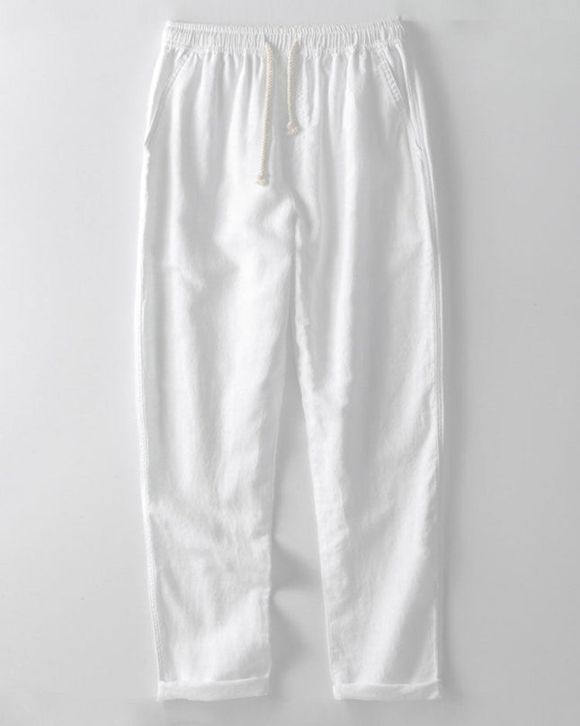 Striped Eyelet Knit Zip Up Polo Shirt & Straight Leg Linen Pants