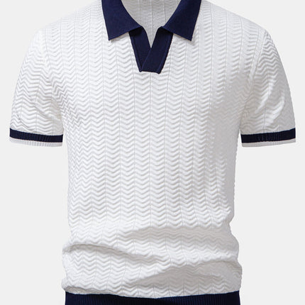 Texture Contrast Knitted V Neck Polo Shirt & Straight Leg Ribbed Pants