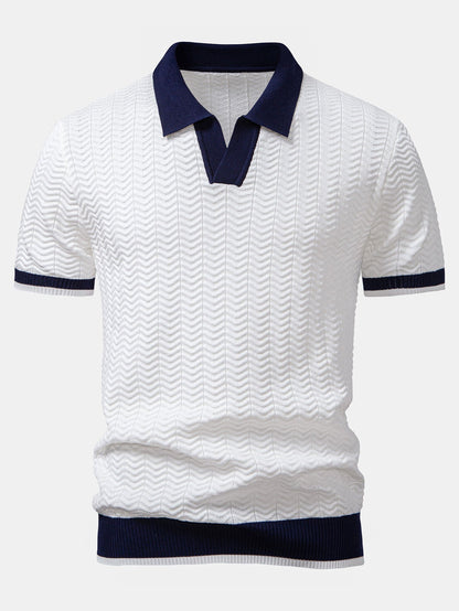 Texture Contrast Knitted V Neck Polo Shirt & Straight Leg Ribbed Pants