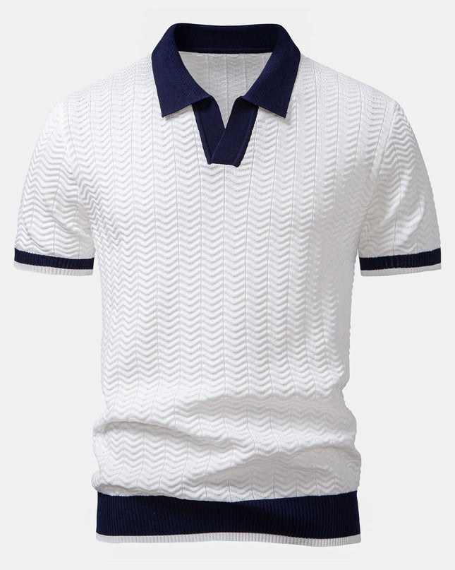 Texture Contrast Knitted V Neck Polo Shirt & Cotton Chino Shorts