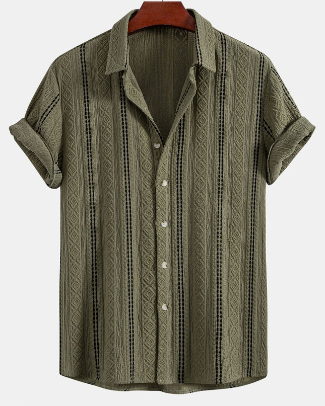 Geometric Striped Jacquard Button Up Shirt & Crinkle Textured Straight Leg Pants
