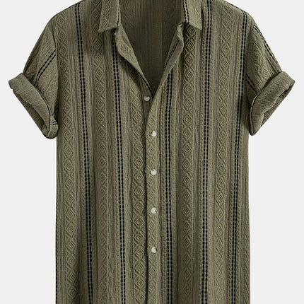 Geometric Striped Jacquard Button Up Shirt & Crinkled Textured Drawstring Shorts