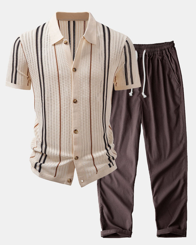 Stripe Crochet Button Up Shirt & Straight Leg Linen Pants