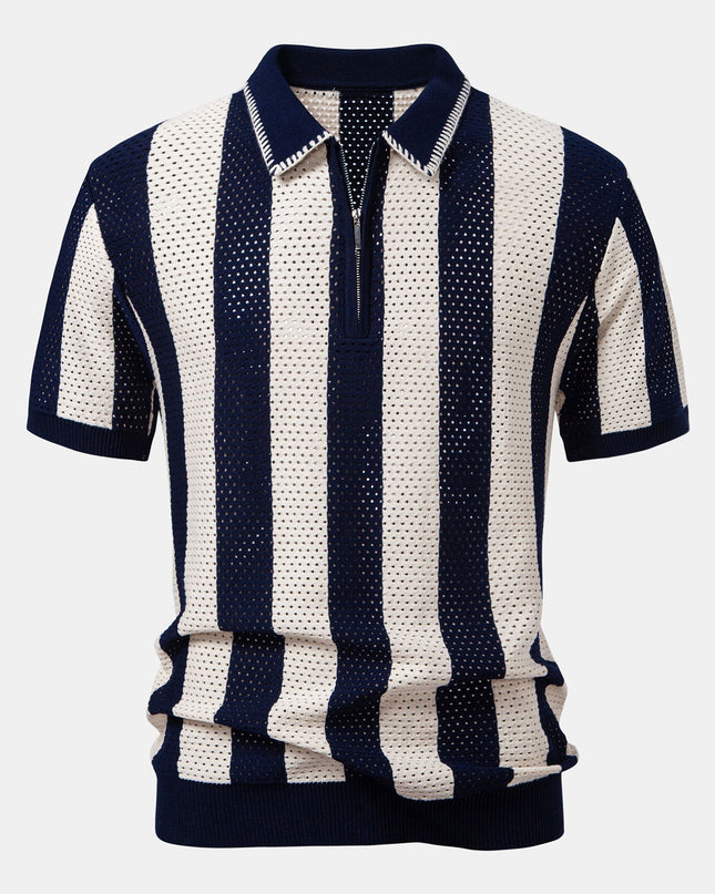 Striped Eyelet Knit Zip Up Polo Shirt & Straight Leg Linen Pants