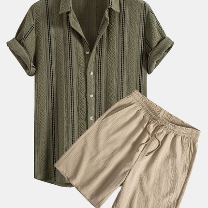 Geometric Striped Jacquard Button Up Shirt & Crinkled Textured Drawstring Shorts