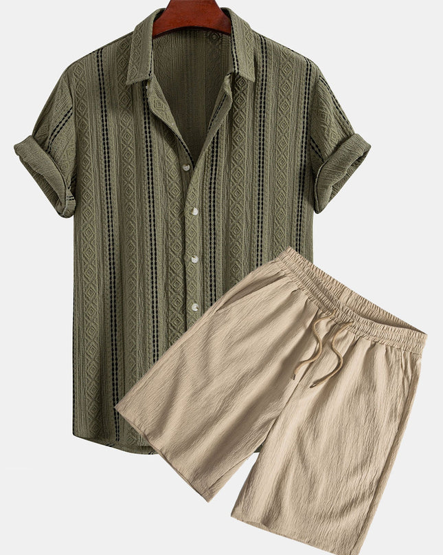 Geometric Striped Jacquard Button Up Shirt & Crinkled Textured Drawstring Shorts