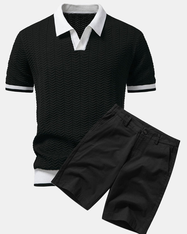 Texture Contrast Knitted V Neck Polo Shirt & Cotton Chino Shorts