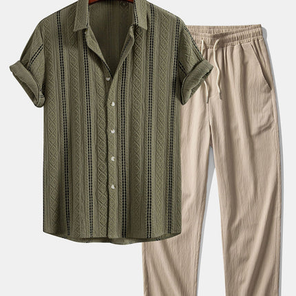 Geometric Striped Jacquard Button Up Shirt & Crinkle Textured Straight Leg Pants