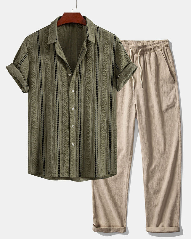 Geometric Striped Jacquard Button Up Shirt & Crinkle Textured Straight Leg Pants