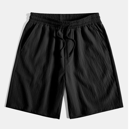 Geometric Striped Jacquard Button Up Shirt & Crinkled Textured Drawstring Shorts