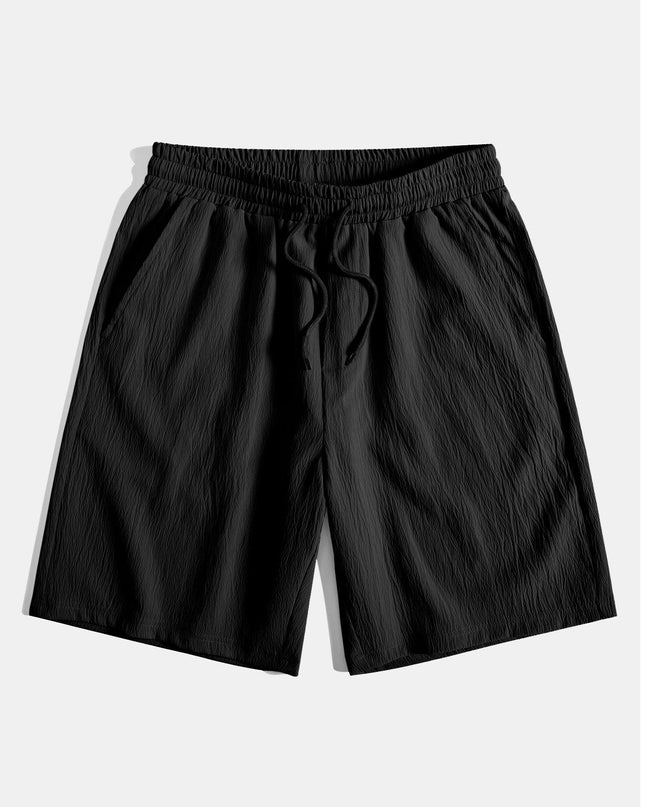 Geometric Striped Jacquard Button Up Shirt & Crinkled Textured Drawstring Shorts