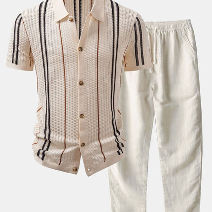 Stripe Crochet Button Up Shirt & Straight Leg Linen Pants