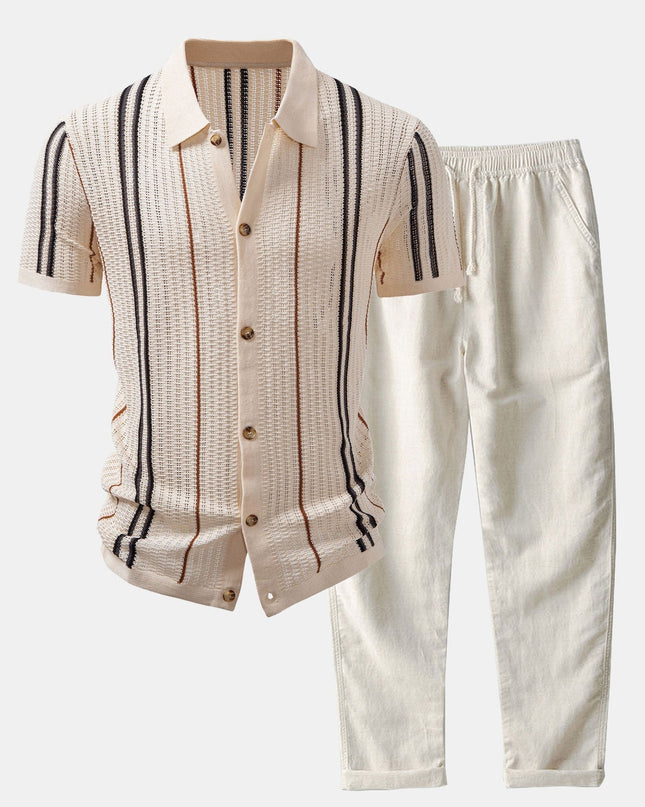 Stripe Crochet Button Up Shirt & Straight Leg Linen Pants