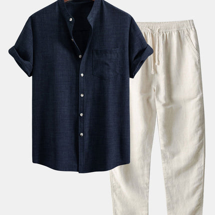 Short Sleeve Stand Collar Shirt & Straight Leg Linen Pants