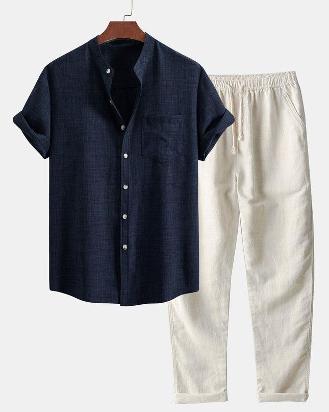 Short Sleeve Stand Collar Shirt & Straight Leg Linen Pants