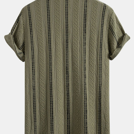 Geometric Striped Jacquard Button Up Shirt & Crinkled Textured Drawstring Shorts
