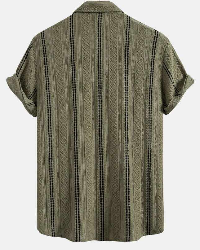 Geometric Striped Jacquard Button Up Shirt & Crinkle Textured Straight Leg Pants