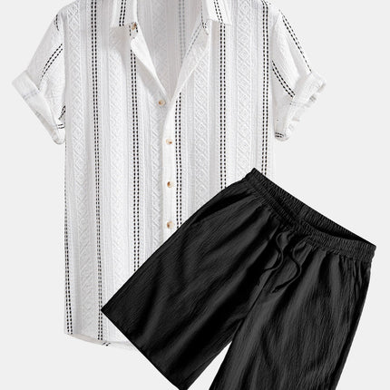 Geometric Striped Jacquard Button Up Shirt & Crinkled Textured Drawstring Shorts
