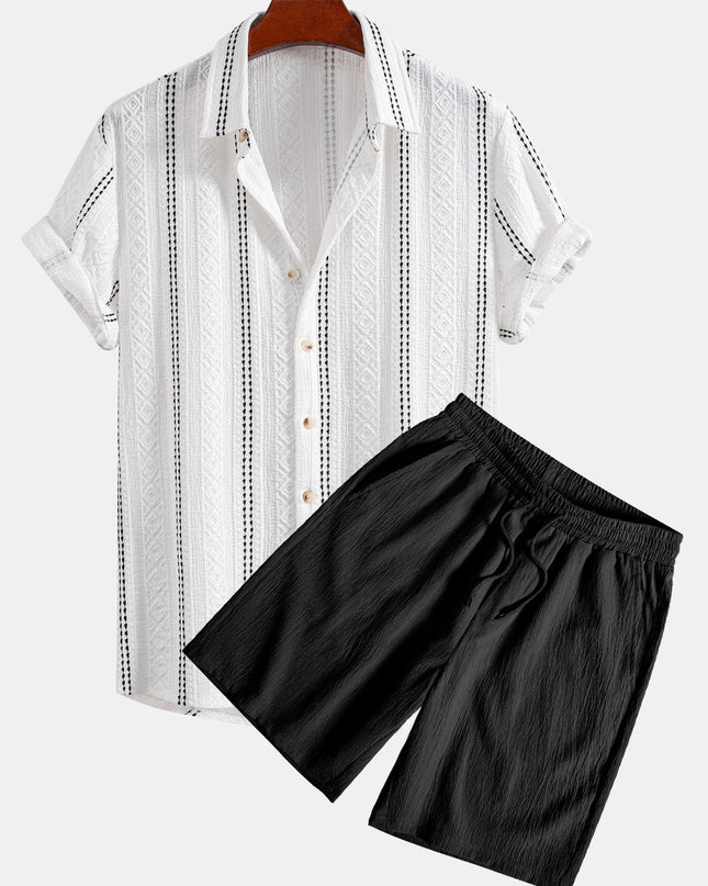 Geometric Striped Jacquard Button Up Shirt & Crinkled Textured Drawstring Shorts