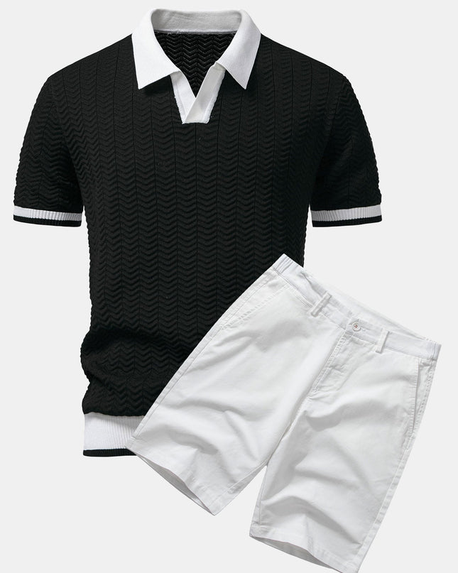 Texture Contrast Knitted V Neck Polo Shirt & Cotton Chino Shorts