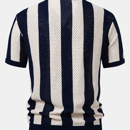 Striped Eyelet Knit Zip Up Polo Shirt & Straight Leg Linen Pants