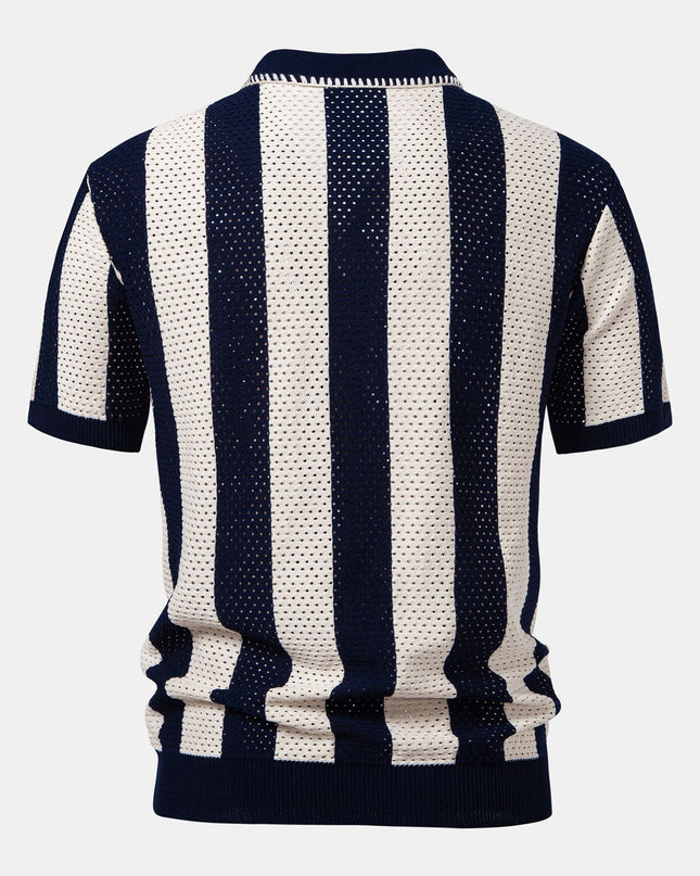 Striped Eyelet Knit Zip Up Polo Shirt & Straight Leg Linen Pants