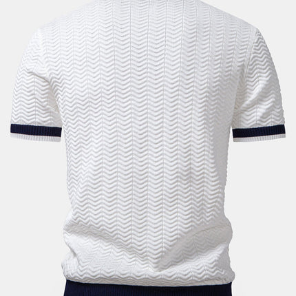 Texture Contrast Knitted V Neck Polo Shirt & Straight Leg Ribbed Pants