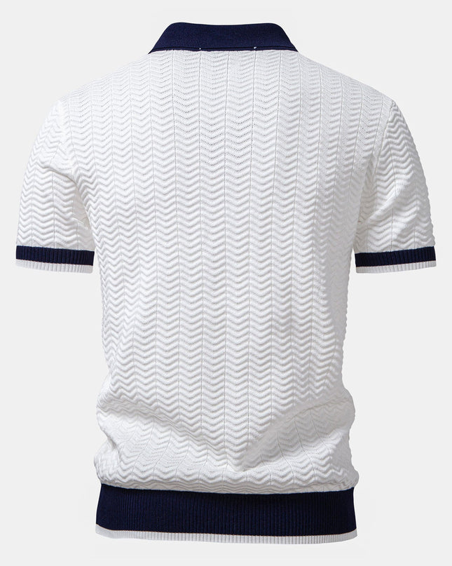 Texture Contrast Knitted V Neck Polo Shirt & Cotton Chino Shorts