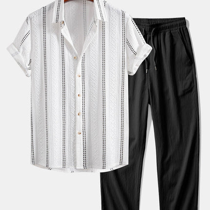 Geometric Striped Jacquard Button Up Shirt & Crinkle Textured Straight Leg Pants