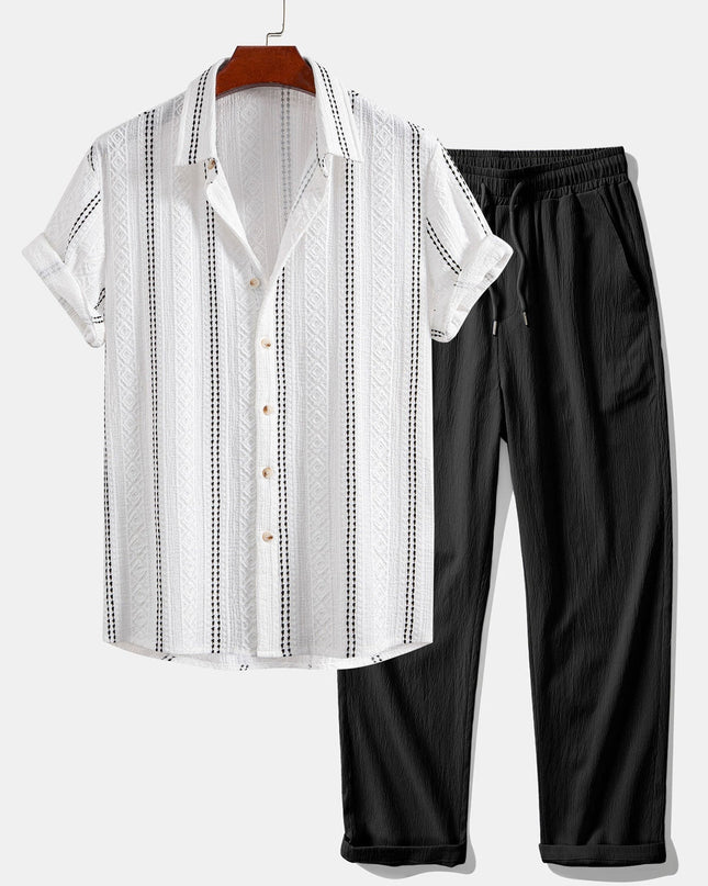 Geometric Striped Jacquard Button Up Shirt & Crinkle Textured Straight Leg Pants