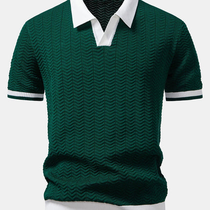 Texture Contrast Knitted V Neck Polo Shirt & Straight Leg Ribbed Pants
