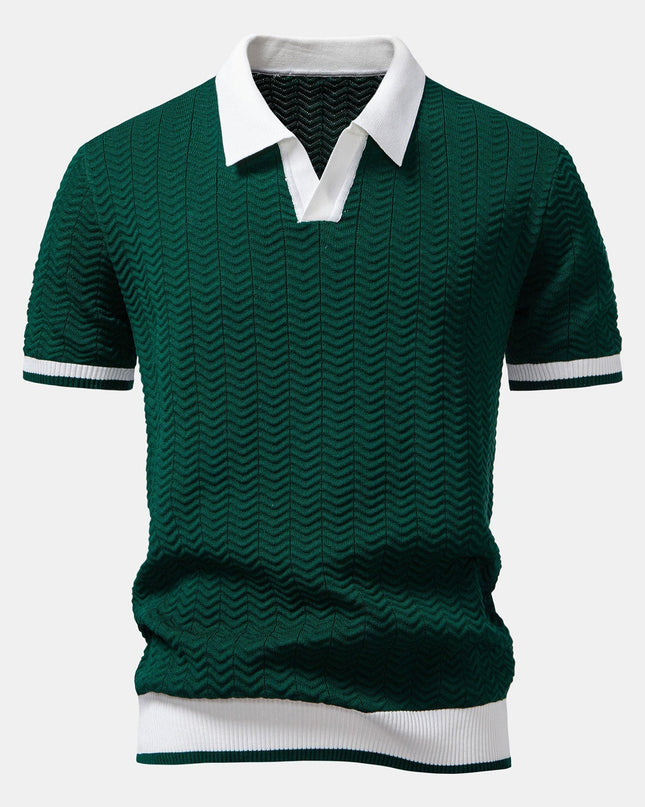 Texture Contrast Knitted V Neck Polo Shirt & Straight Leg Ribbed Pants