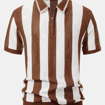 Striped Eyelet Knit Zip Up Polo Shirt & Straight Leg Linen Pants