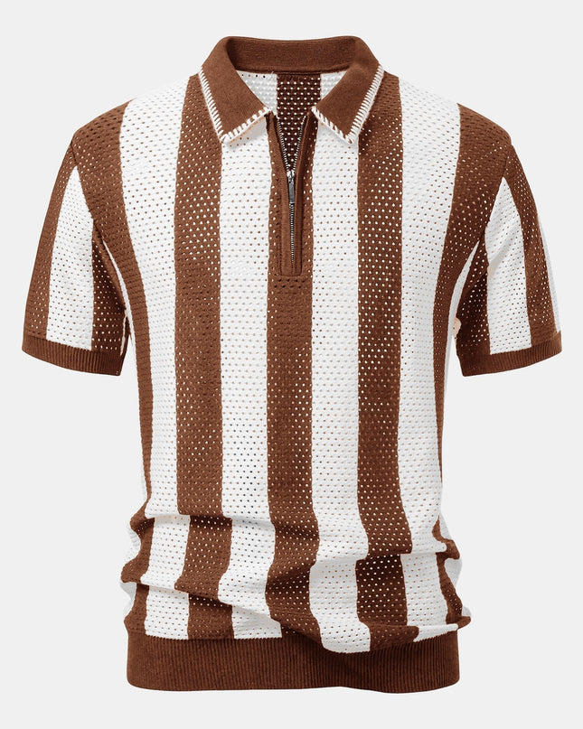Striped Eyelet Knit Zip Up Polo Shirt & Straight Leg Linen Pants