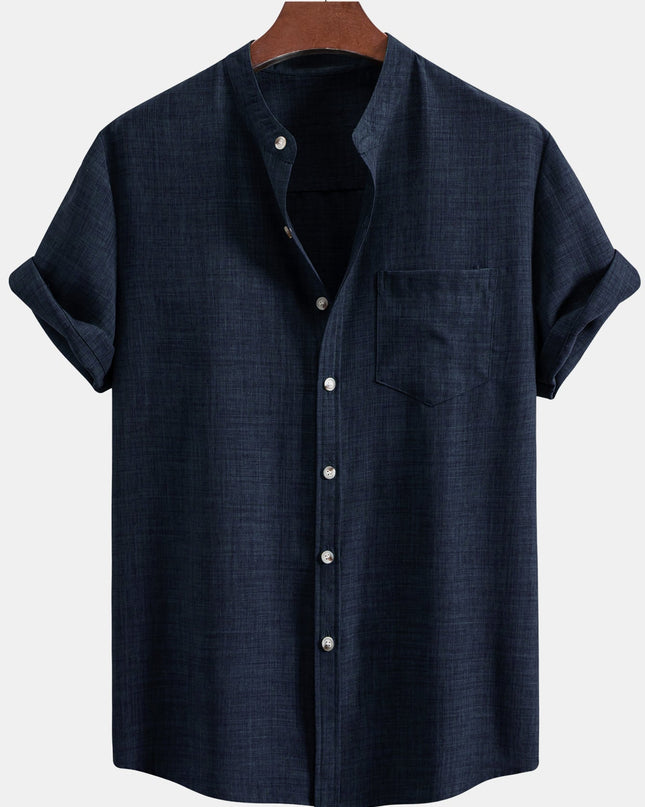 Short Sleeve Stand Collar Shirt & Straight Leg Linen Pants