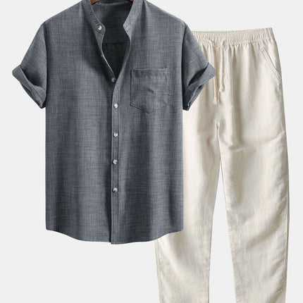 Short Sleeve Stand Collar Shirt & Straight Leg Linen Pants