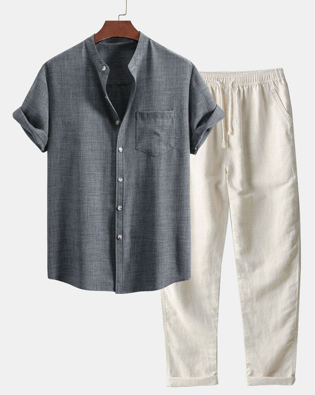 Short Sleeve Stand Collar Shirt & Straight Leg Linen Pants