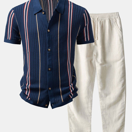 Stripe Crochet Button Up Shirt & Straight Leg Linen Pants