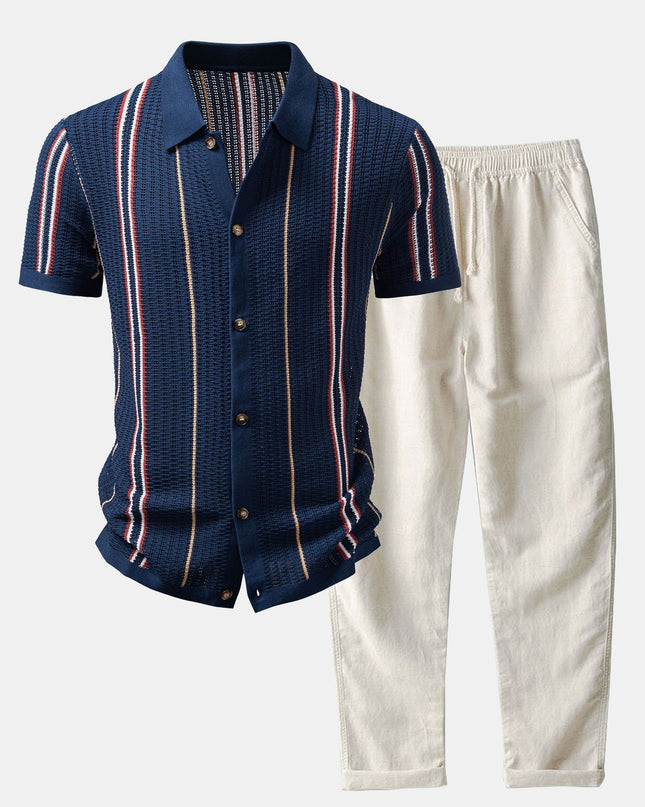 Stripe Crochet Button Up Shirt & Straight Leg Linen Pants