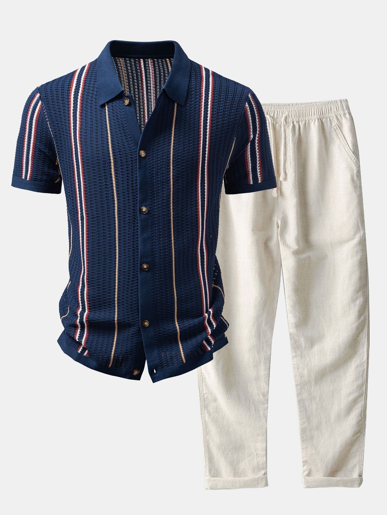Stripe Crochet Button Up Shirt & Straight Leg Linen Pants