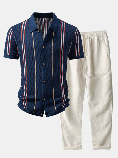 Stripe Crochet Button Up Shirt & Straight Leg Linen Pants