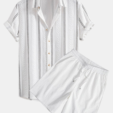Geometric Striped Jacquard Button Up Shirt & Crinkled Textured Drawstring Shorts