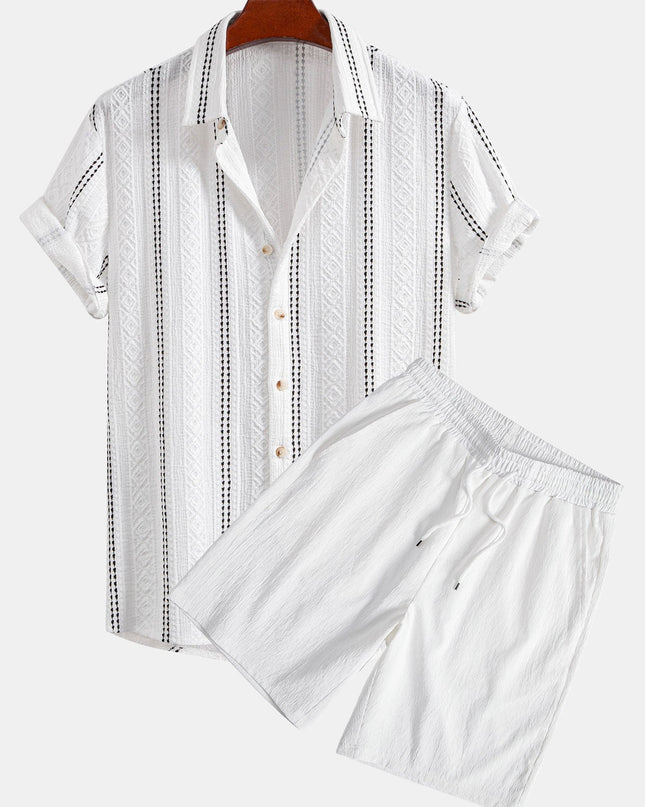 Geometric Striped Jacquard Button Up Shirt & Crinkled Textured Drawstring Shorts